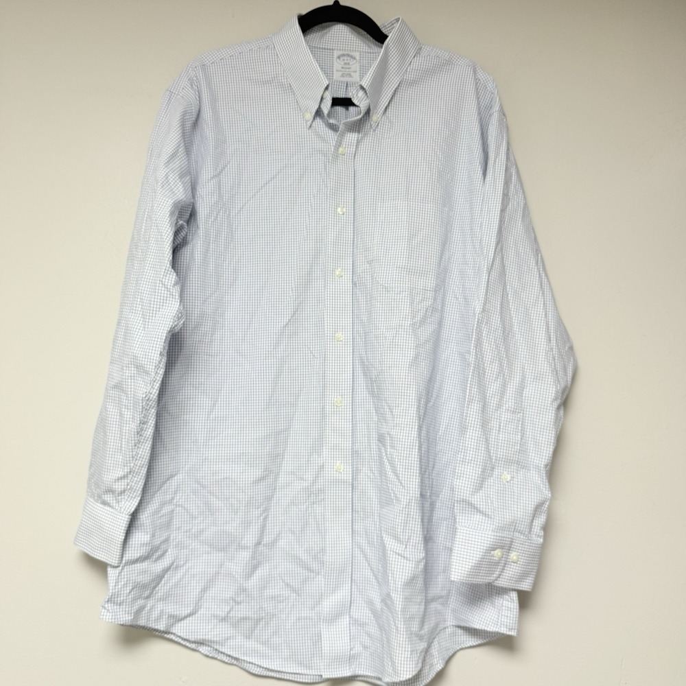 Brooks Brothers Shirt Mens 18-4/5 Blue Regent Non-Iron Micro-Check Excellent
